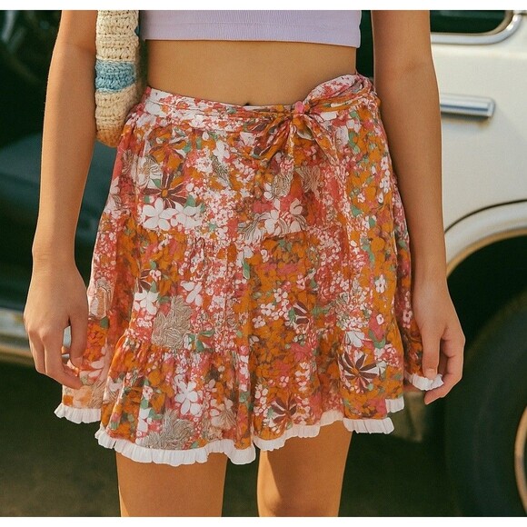 Vintage Apple Bottom Floral Mini Skirt Y2K Boho Ruffle Hem Tie Waist- Small - Picture 1 of 10